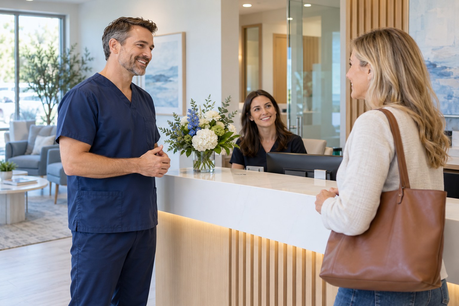 Experienced dentist and dental colleagues in a bright modern dental office